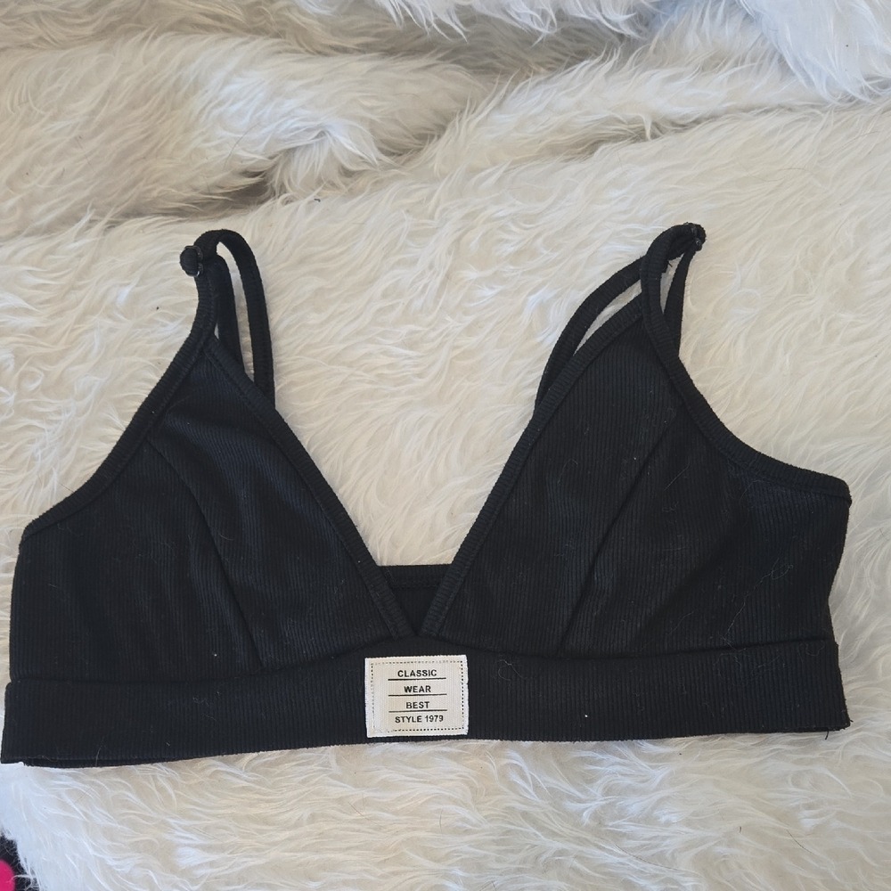 SHEIN Black Ribbed Triangle Bralette Double Strap Patch Detail XS